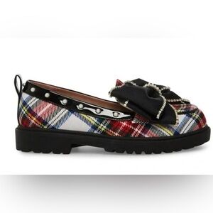 Betsey Johnson Plaid Flats with Black Bow and Studs
